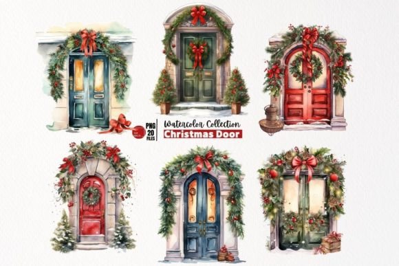 Christmas Door Watercolor Illustrations: A Festive Design Toolkit