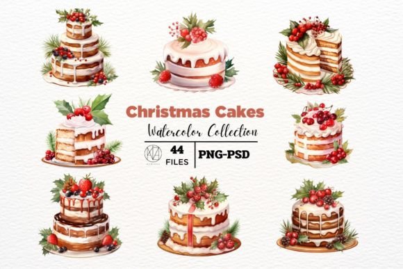 Enchanting Watercolor Christmas Cake Illustrations for Festive Projects