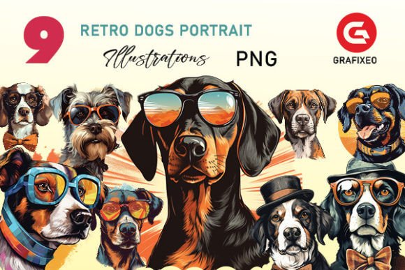 Retro Dogs Portrait Illustrations: A Stylish Asset for Creative Projects
